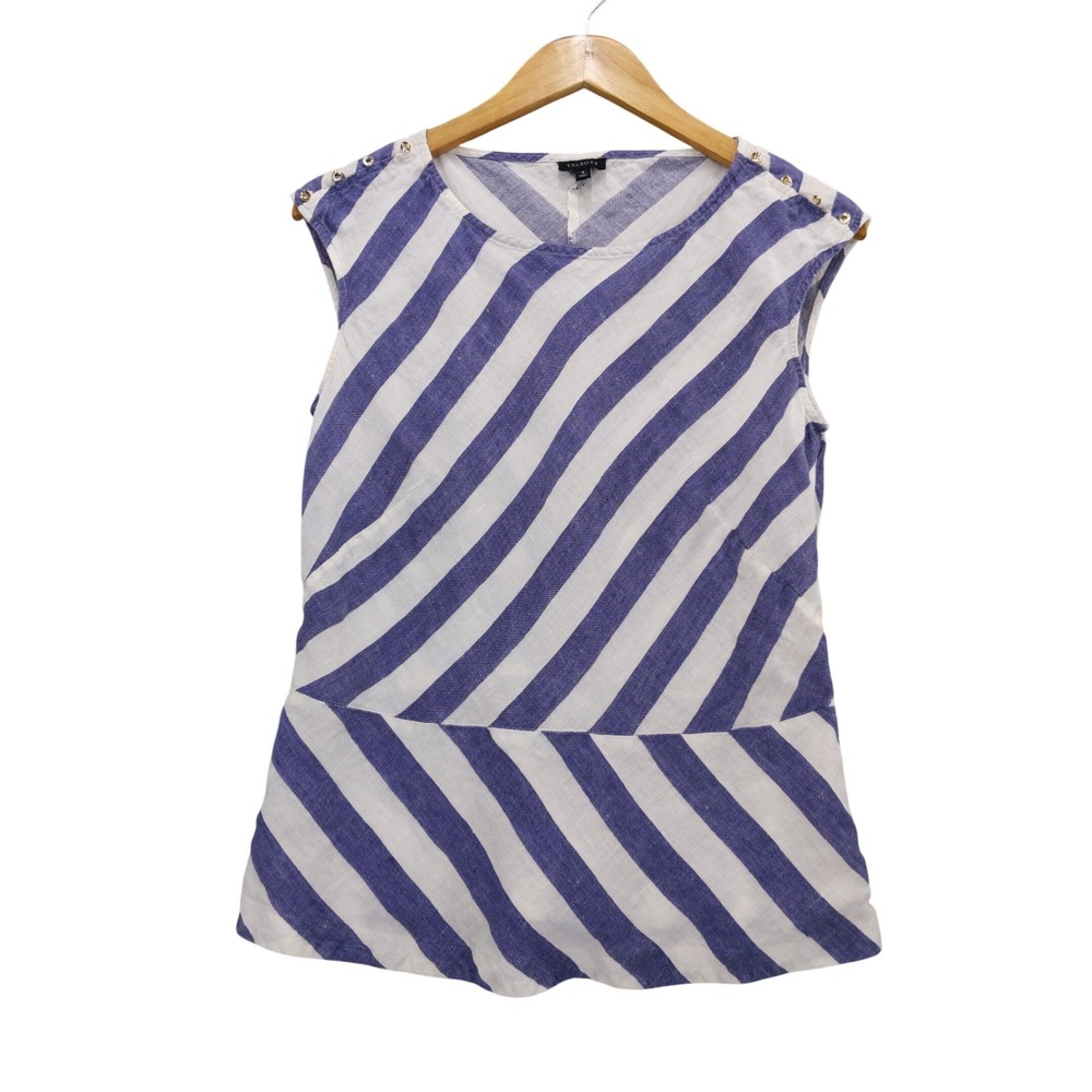 Talbots Peplum Top Women 6 Blue White Striped Linen Gold Button Side Zipper